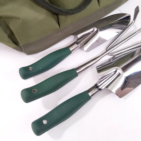 Green Canvas Gardening Tote with 3 Tools Trowel Garden Fork Outdoor Gift for Mom - Picture 3 of 5